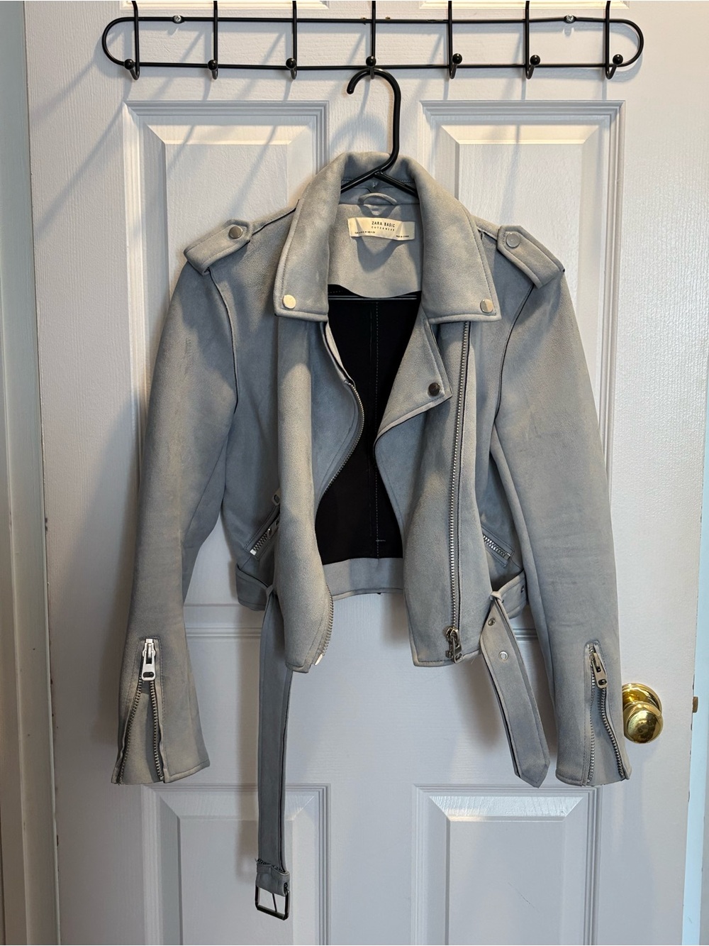 ZARA Light Gray Suede Moto Jacket with Belt